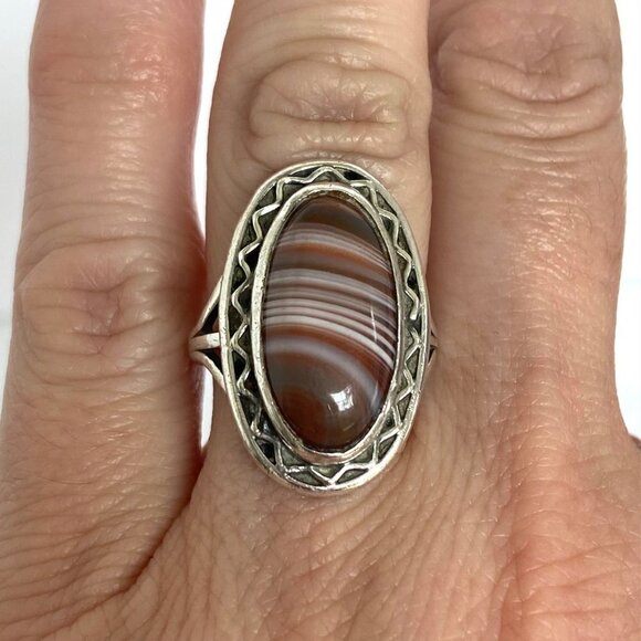 VTG Sterling Silver 925 Oval Bezel Set Banded Agate Double Split Shank Ring Sz 6 - Picture 1 of 16